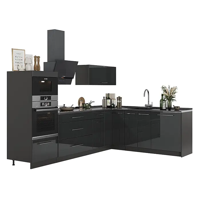Vicco Eckküche - B x T: 287 x 51,6 cm, Anthrazit Hochglanz, Ohne Elektrogeräte - Dunkelgraue, glänzende L-förmige Küchenzeile mit integriertem Backofen, Mikrowelle, Dunstabzugshaube und Spüle.