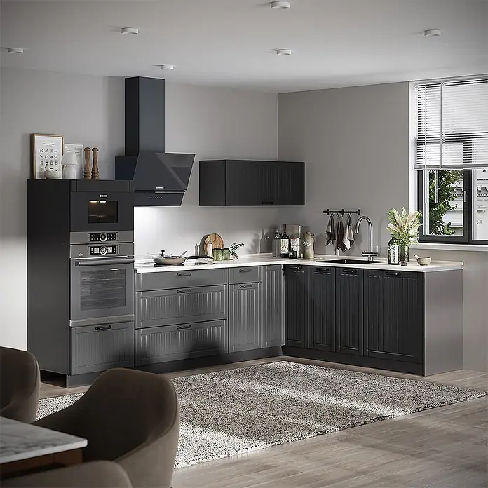 Vicco Eckküche - B x T: 287 x 60 cm, Dunkelgrau, Ohne Elektrogeräte - Moderne dunkelgraue Küche mit eleganten Schränken, integriertem Backofen, Mikrowelle und Dunstabzugshaube, helle Arbeitsplatte, funktionales Design.