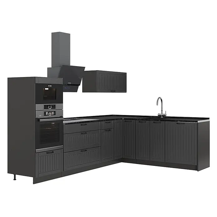 Vicco Eckküche - B x T: 287 x 60 cm, Dunkelgrau, Ohne Elektrogeräte - L-förmige, dunkelgraue Küchenzeile mit integriertem Backofen, Mikrowelle, Dunstabzugshaube und Spüle.
