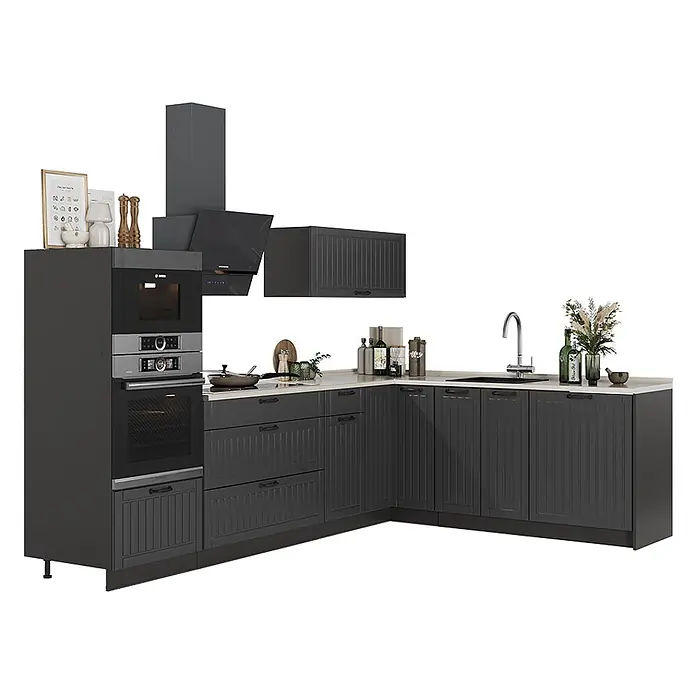 Vicco Eckküche - B x T: 287 x 60 cm, Dunkelgrau, Ohne Elektrogeräte - Dunkelgraue L-förmige Küchenzeile mit integriertem Backofen, Mikrowelle, Kochfeld, Dunstabzugshaube und Spüle.