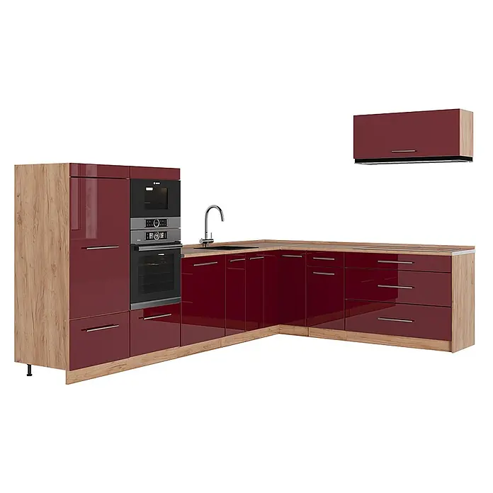 Vicco Eckküche - Bordeaux Hochglanz, Ohne Elektrogeräte - Winkelküche mit hochglänzenden roten Fronten und Holzmaserungselementen, integriertem Backofen, Mikrowelle, Spüle und Hängeschrank mit Dunstabzugshaube.
