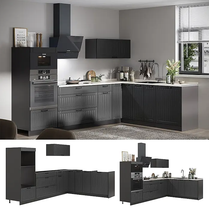 Vicco Eckküche - B x T: 287 x 60 cm, Dunkelgrau, Ohne Elektrogeräte - L-förmige dunkelgraue Küche mit modernen Geräten, Spüle und Hängeschränken in einem zeitgenössischen Küchenraum.