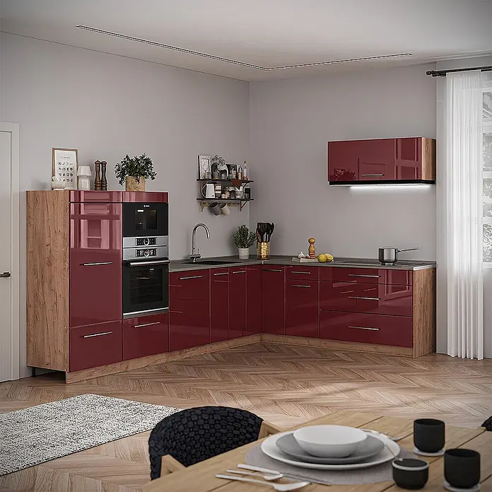 Vicco Eckküche - Bordeaux Hochglanz, Ohne Elektrogeräte - Moderne L-förmige Küche mit hochglänzenden roten Schränken, Holzdetails und integrierten Geräten.