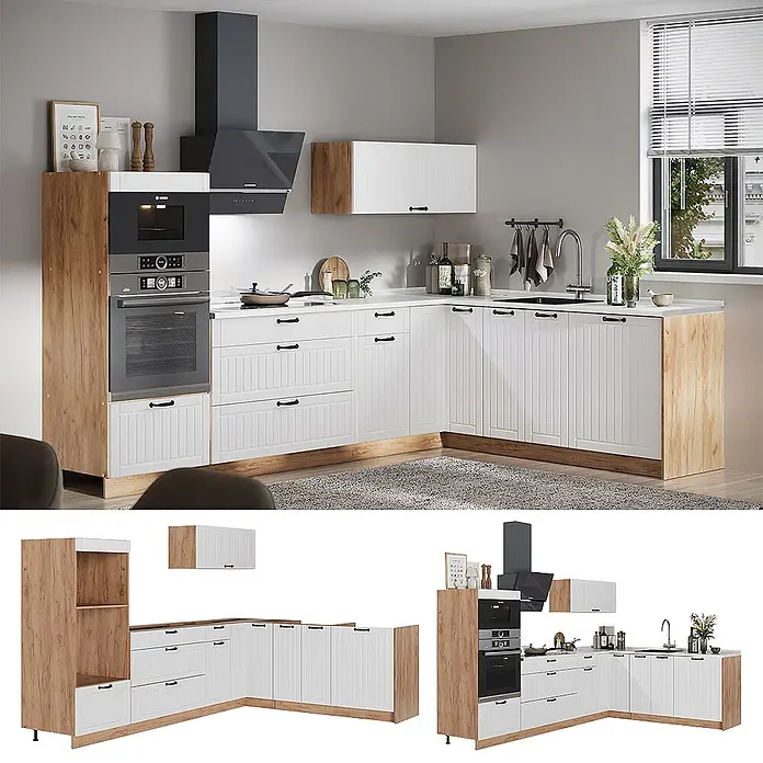 Vicco Eckküche - B x T: 287 x 60 cm, Weiß Landhaus, Ohne Elektrogeräte - Moderne L-förmige Küche mit weißen Lamellenfronten, hellen Holzakzenten, Einbauofen und Spülbereich.