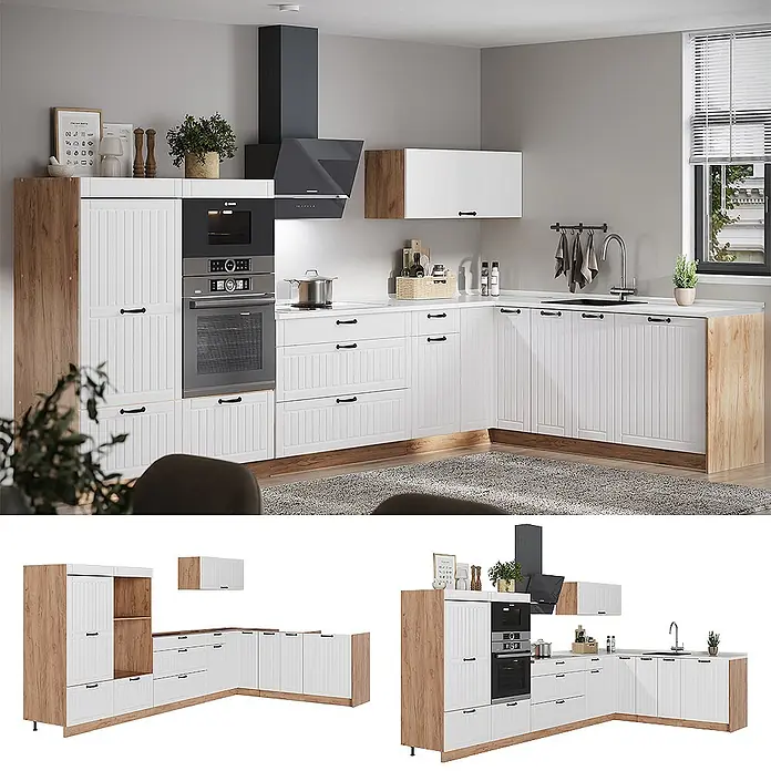 Vicco Eckküche - Weiß Landhaus, Ohne Elektrogeräte - L-förmige Küche mit weißen Lamellenfronten, hellen Holzdetails und integriertem Backofen, Mikrowelle und Spüle.