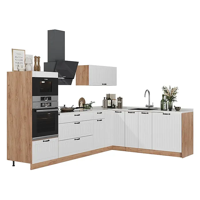 Vicco Eckküche - B x T: 287 x 60 cm, Weiß Landhaus, Ohne Elektrogeräte - L-förmige Küche mit Holzdekor-Hochschrank und weißen gerippten Schränken, integriertem Backofen, Mikrowelle und Spüle.