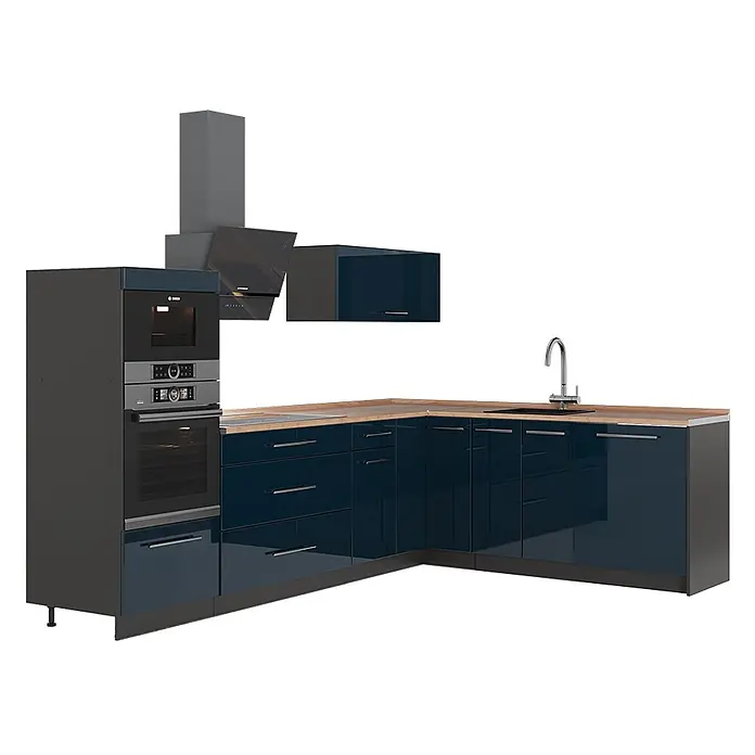 Vicco Eckküche - B x T: 287 x 60 cm, Dunkelblau Hochglanz, Ohne Elektrogeräte - Moderne L-Küche mit glänzenden dunkelblauen Fronten, Holz-Arbeitsplatte, Einbaubackofen, Kochfeld, Spüle und Dunstabzugshaube in Dunkelgrau.