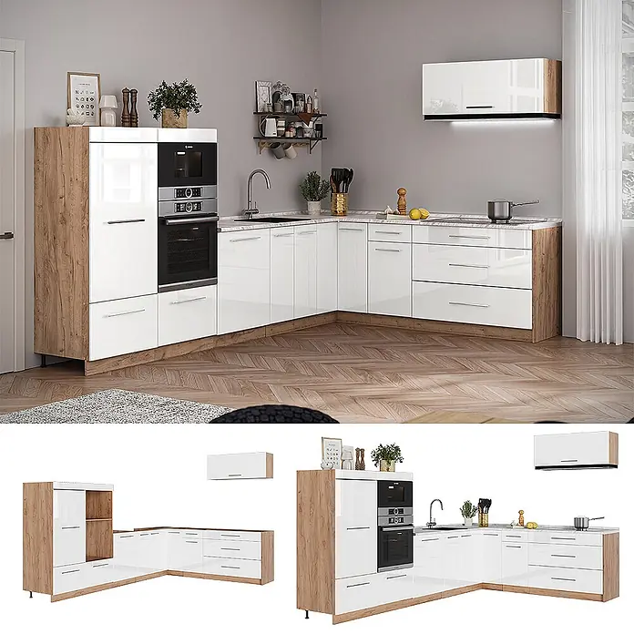 Vicco Eckküche - Weiß Hochglanz, Ohne Elektrogeräte - Moderne L-förmige Küche mit hochglänzenden weißen Schränken und hellen Holzapplikationen, inklusive integriertem Backofen und Mikrowelle.
