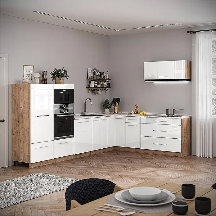 Vicco Eckküche - Weiß Hochglanz, Ohne Elektrogeräte - Moderne L-förmige Küche mit hochglänzenden weißen Schränken, Holzoptik-Paneelen, integriertem Ofen und Mikrowelle sowie Oberschränken.