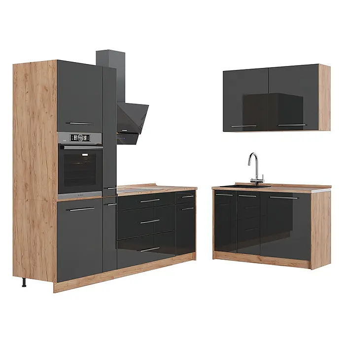 Vicco Eckküche - B x T: 220 x 60 cm, Anthrazit Hochglanz, Ohne Elektrogeräte - Modulare Küchenzeile mit hochglänzenden dunkelgrauen Fronten, hellen Holzdetails, integriertem Ofen, Kochfeld, Dunstabzugshaube und Spüle.