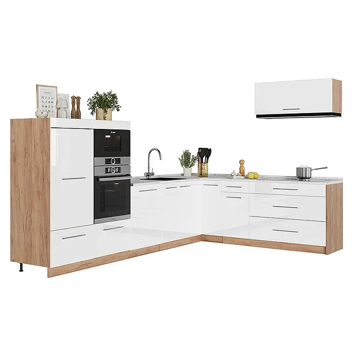 Vicco Eckküche - Weiß Hochglanz, Ohne Elektrogeräte - Eckküche mit weißen Hochglanzfronten und hellen Holzdetails, inklusive integriertem Backofen, Mikrowelle und Spüle.