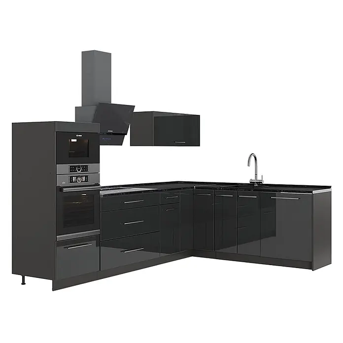 Vicco Eckküche - B x T: 287 x 51,6 cm, Anthrazit Hochglanz, Ohne Elektrogeräte - L-förmige, dunkelgraue Hochglanz-Küchenzeile mit integriertem Backofen, Mikrowelle, Kochfeld, Spüle und Dunstabzugshaube.