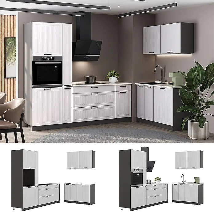 Vicco Eckküche - B x T: 220 x 60 cm, Weiß Landhaus, Ohne Elektrogeräte - Moderne weiß-dunkelgraue Küchenzeile mit gerillten Schranktüren, Backofen, Spüle und Dunstabzugshaube, in Küchenumgebung.