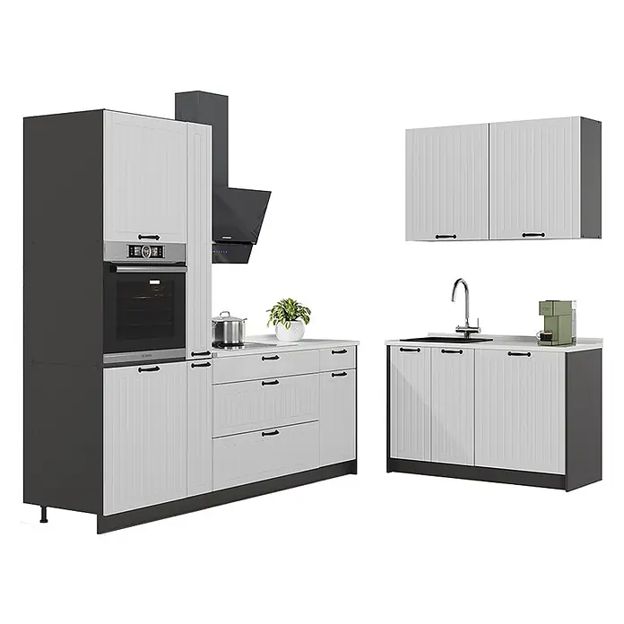 Vicco Eckküche - B x T: 220 x 60 cm, Weiß Landhaus, Ohne Elektrogeräte - Moderne Küchenzeile: weiße Lamellenschränke mit dunkelgrauen Rahmen, integriertem Backofen, Kochfeld, Spüle und Hängeschränken.