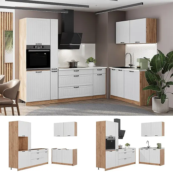 Vicco Eckküche - B x T: 220 x 60 cm, Weiß Landhaus, Ohne Elektrogeräte - L-förmige Küche mit weißen Rillenfronten, hellen Holzakzenten, integriertem Backofen, Kochfeld und Spüle, sowie dunklen Griffen.