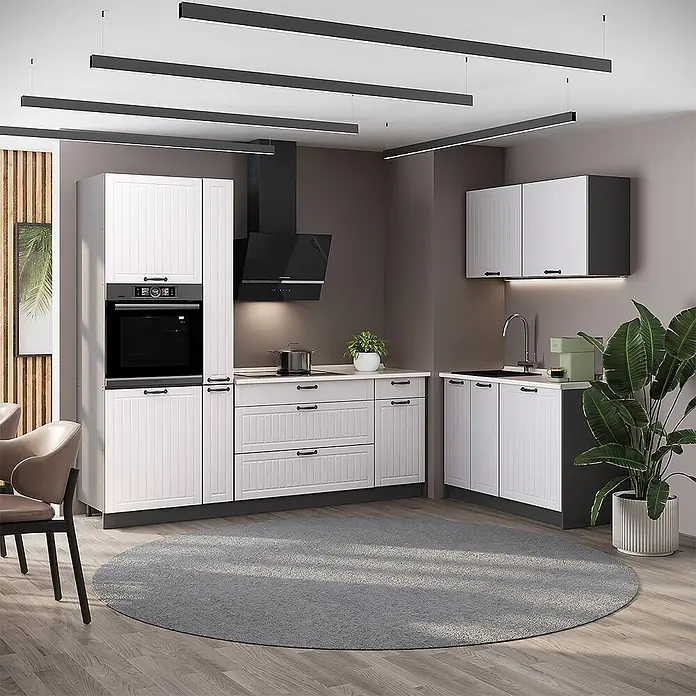 Vicco Eckküche - B x T: 220 x 60 cm, Weiß Landhaus, Ohne Elektrogeräte - Eine moderne weiße Küche mit schwarzen Details, mit integriertem Backofen, Kochfeld, Spüle und viel Stauraum.