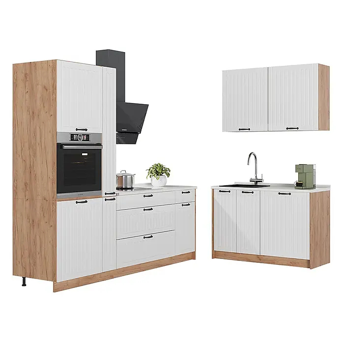 Vicco Eckküche - B x T: 220 x 60 cm, Weiß Landhaus, Ohne Elektrogeräte - Weiß-holzfarbene Küchenzeile mit integriertem Backofen, Kochfeld, Spüle, Dunstabzugshaube und Wandschränken.