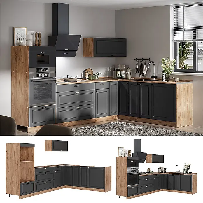 Vicco Eckküche - B x T: 287 x 60 cm, Anthrazit-Gold Landhaus, Ohne Elektrogeräte - Moderne L-förmige Küche mit dunkelgrauen und schwarzen Schränken, hellen Holzakzenten und integrierten Geräten.