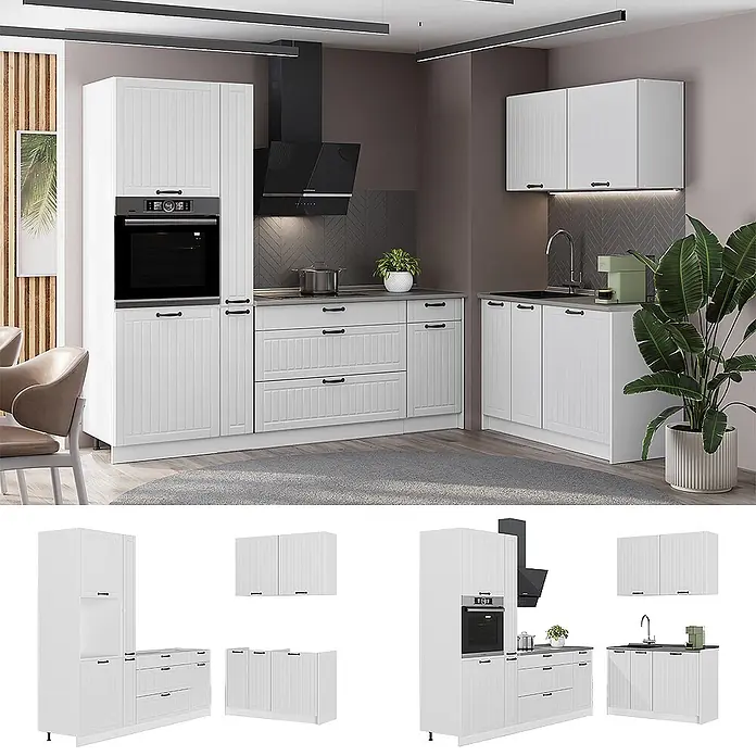 Vicco Eckküche - B x T: 220 x 60 cm, Weiß Landhaus, Ohne Elektrogeräte - Weiße Küchenschränke mit Paneeloptik und schwarzen Griffen in einer modernen Küche. Enthält Backofenschrank, Unter- und Oberschränke, Spülenschrank.