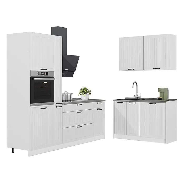 Vicco Eckküche - B x T: 220 x 60 cm, Weiß Landhaus, Ohne Elektrogeräte - Weißes Küchenmöbel-Set mit vertikal geriffelten Türen, dunklen Griffen und Arbeitsplatten, inklusive Backofen und Spüle.