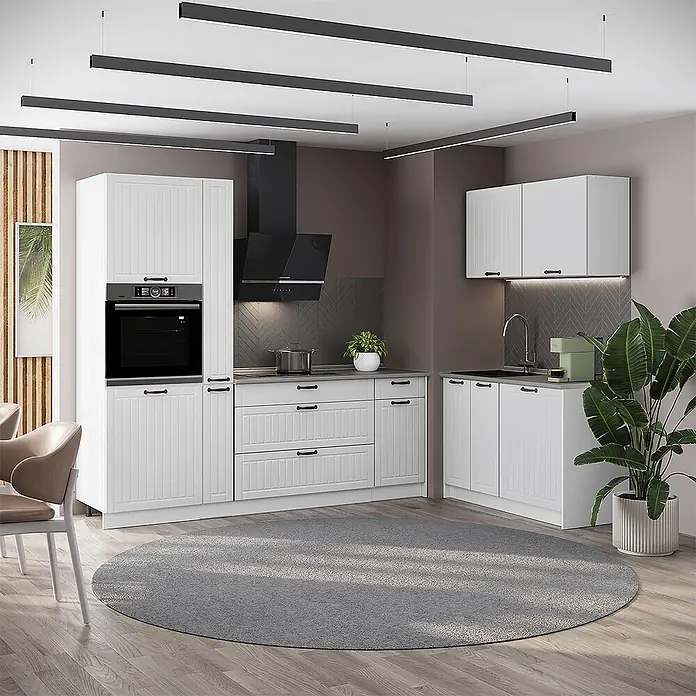 Vicco Eckküche - B x T: 220 x 60 cm, Weiß Landhaus, Ohne Elektrogeräte - Moderne Küche mit weißen Schränken im Shaker-Stil, schwarzen Griffen und dunklen Arbeitsplatten. Mit integriertem Ofen und Dunstabzugshaube.