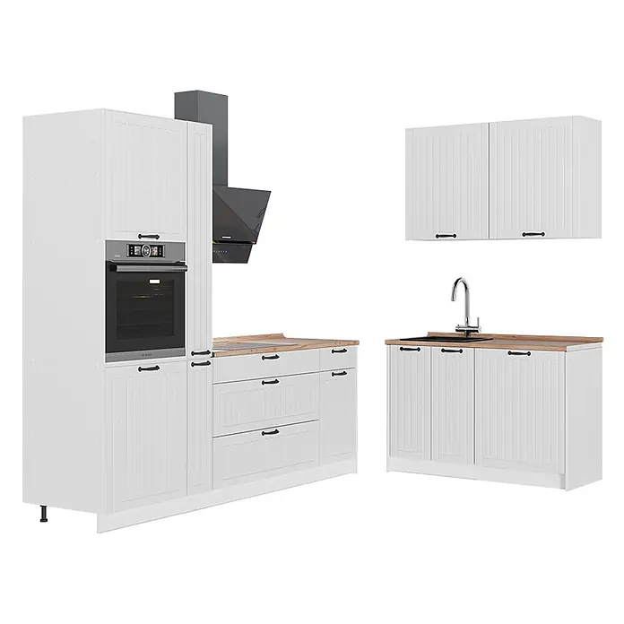 Vicco Eckküche - B x T: 220 x 60 cm, Weiß Landhaus, Ohne Elektrogeräte - Weißes Küchenschrank-Set mit Holzoptik-Arbeitsplatten, schwarzen Griffen, integriertem Backofen und Spüle, sowie Dunstabzugshaube.