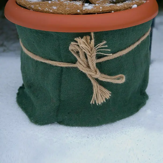 Floraworld Classic Jutevliesmatte - Grün, Länge: 150 cm - Nahaufnahme eines Topfes mit grüner Filzhülle, der mit einer Kordel umwickelt und in einer verschneiten Umgebung platziert ist.