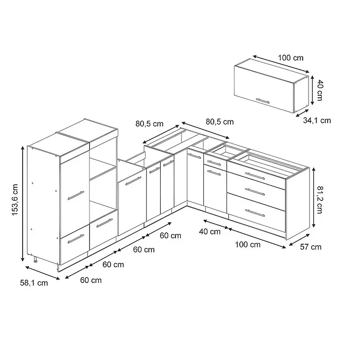 Vicco Eckküche - B x T: 327 x 51,6 cm, Anthrazit Hochglanz, Ohne Elektrogeräte - L-förmiges Küchenschrank-Set mit detaillierten Maßen für Unterschränke, Schubladen und einen Hängeschrank.