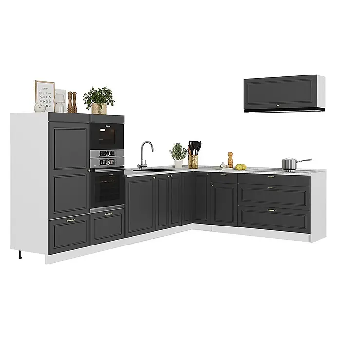 Vicco Eckküche - B x T: 327 x 51,6 cm, Anthrazit-Gold Landhaus, Ohne Elektrogeräte - L-förmige Küchenzeile mit dunkelgrauen Schränken, weißen Seiten und heller Arbeitsplatte. Mit integriertem Backofen, Mikrowelle und Spüle.