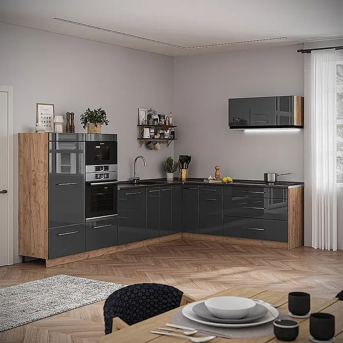 Vicco Eckküche - B x T: 327 x 51,6 cm, Anthrazit Hochglanz, Ohne Elektrogeräte - Moderne L-förmige Küche mit glänzend grauen Schränken, integrierten Geräten und warmen Holzakzenten.