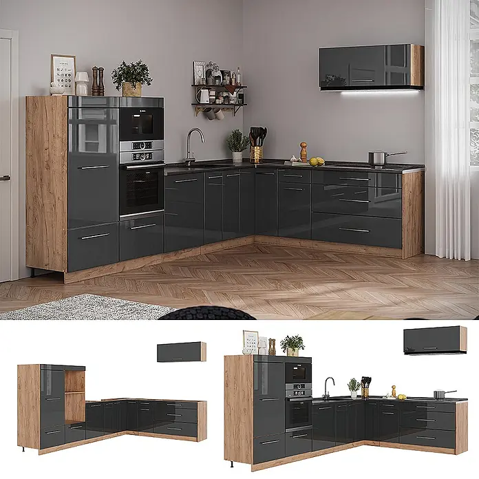 Vicco Eckküche - B x T: 327 x 51,6 cm, Anthrazit Hochglanz, Ohne Elektrogeräte - Moderne L-förmige Küche mit hochglanz dunkelgrauen Schränken, hellen Holzakzenten, integriertem Backofen und Mikrowelle, dunkler Arbeitsplatte.