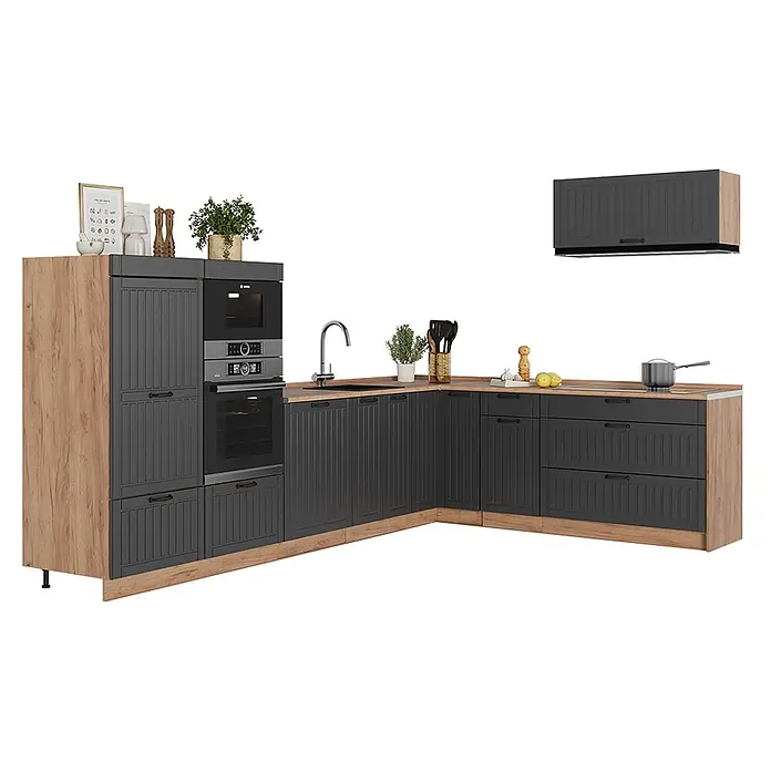 Vicco Eckküche - Dunkelgrau, Ohne Elektrogeräte - Moderne L-förmige Küchenzeile mit dunkelgrauen Kassettentüren, heller Holz-Arbeitsplatte, integrierten Geräten und Spüle.