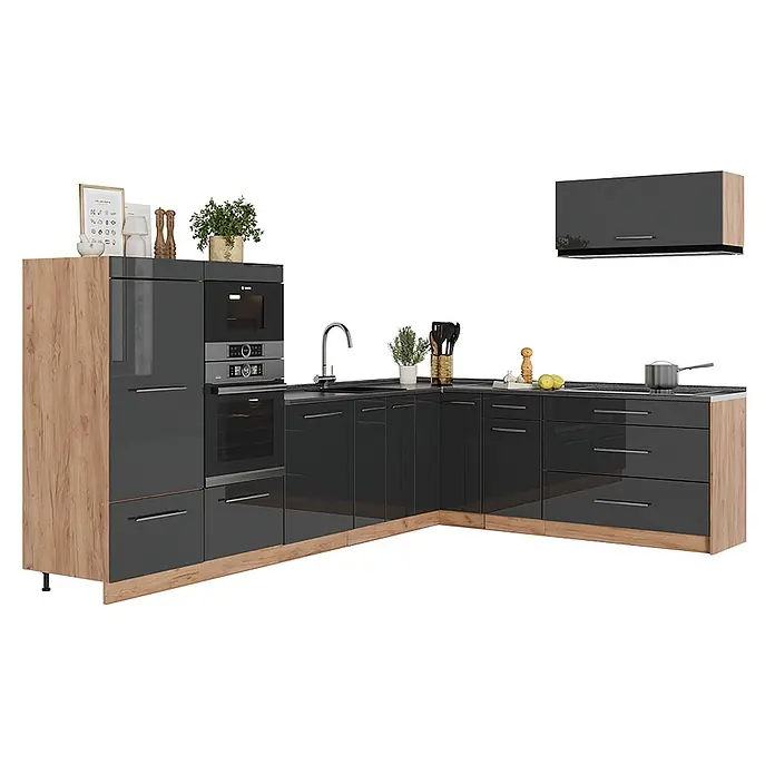 Vicco Eckküche - B x T: 327 x 51,6 cm, Anthrazit Hochglanz, Ohne Elektrogeräte - L-förmige Küche mit dunkelgrauen Hochglanzfronten, Holzdetails, integriertem Backofen, Mikrowelle, Spüle und Kochfeld.