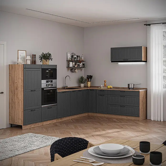 Vicco Eckküche - Dunkelgrau, Ohne Elektrogeräte - Dunkelgraue geriffelte Küche mit Holzoptik-Arbeitsplatten und Akzentpaneelen in L-Form, mit integrierten Geräten.