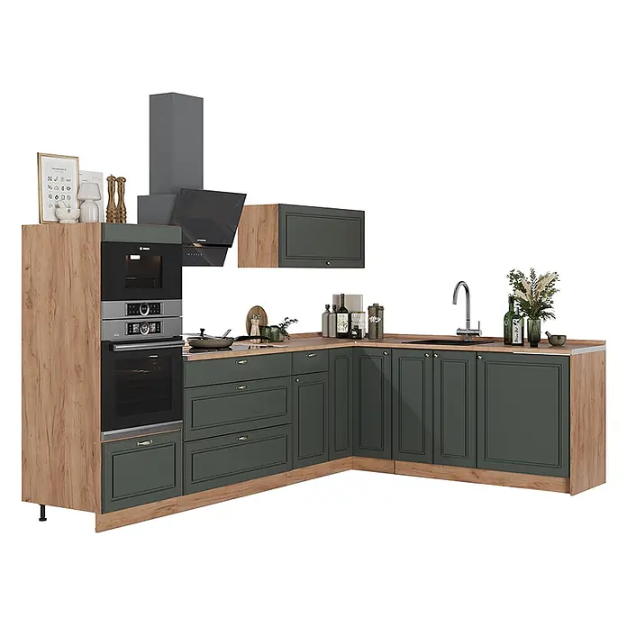 Vicco Eckküche - B x T: 287 x 60 cm, Grün-Gold Landhaus, Ohne Elektrogeräte - Eckküchenzeile mit dunkelgrünen Schränken, Holzmaserungs-Arbeitsplatte, integriertem Backofen, Mikrowelle, Kochfeld und Spüle.