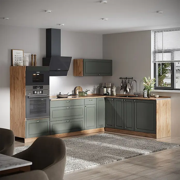 Vicco Eckküche - B x T: 287 x 60 cm, Grün-Gold Landhaus, Ohne Elektrogeräte - Moderne Küche mit graugrünen Schränken, Holzoptik-Akzenten, schwarzen Geräten und Arbeitsplatten in Holzoptik.