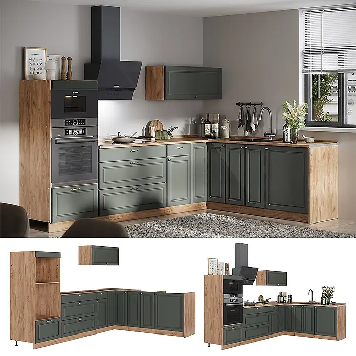Vicco Eckküche - B x T: 287 x 60 cm, Grün-Gold Landhaus, Ohne Elektrogeräte - L-förmige Küche mit dunkelgrünen Schränken, Holzdekor-Akzenten und integrierten Geräten wie Backofen und Kochfeld.