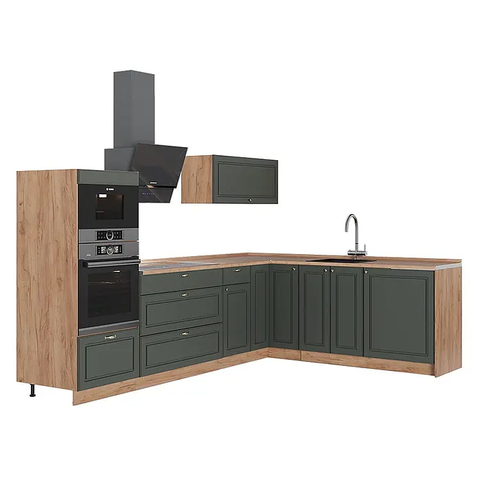 Vicco Eckküche - B x T: 287 x 60 cm, Grün-Gold Landhaus, Ohne Elektrogeräte - L-förmige Küche: dunkelgrüne Schränke, helle Holzoptik, Backofen, Mikrowelle, Kochfeld, Spüle, Dunstabzugshaube.