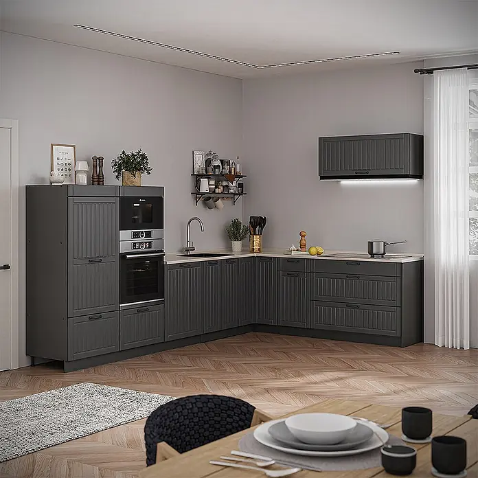 Vicco Eckküche - B x T: 327 x 60 cm, Dunkelgrau, Ohne Elektrogeräte - Dunkelgraue L-förmige Küche mit gerillten Schranktüren, integriertem Backofen, Mikrowelle und Spülbereich.