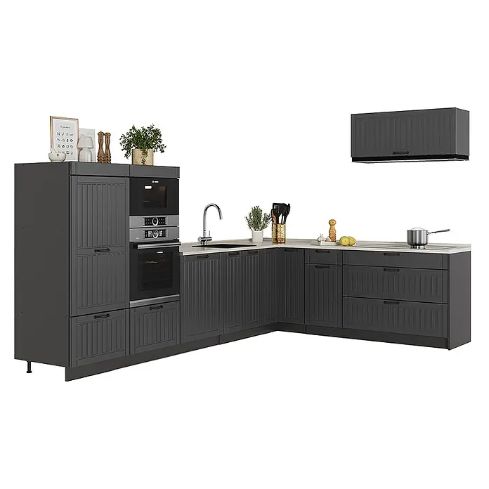 Vicco Eckküche - B x T: 327 x 60 cm, Dunkelgrau, Ohne Elektrogeräte - Dunkelgraue Küchenschränke mit geriffelten Türen, integriertem Backofen, Mikrowelle und Spüle, mit heller Arbeitsplatte.