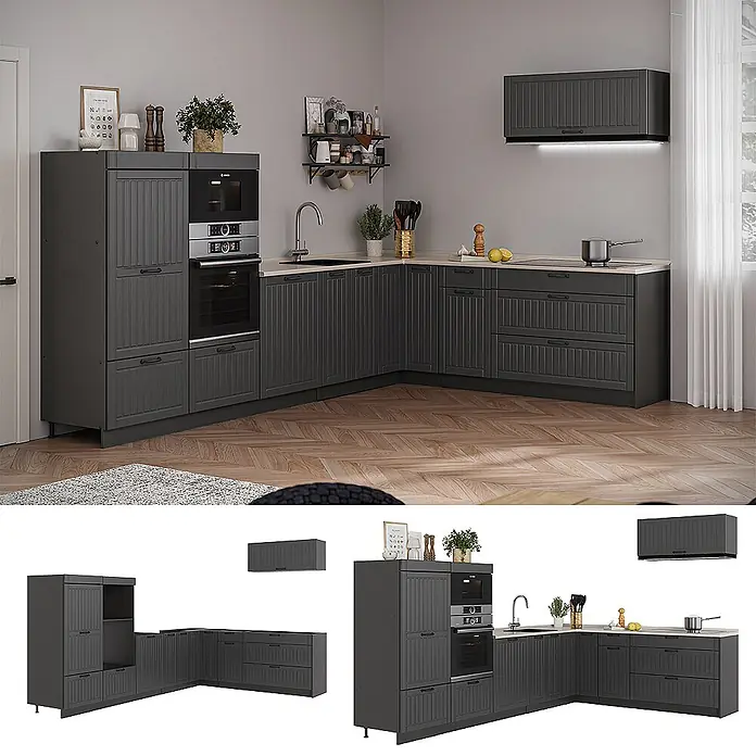 Vicco Eckküche - B x T: 327 x 60 cm, Dunkelgrau, Ohne Elektrogeräte - Dunkelgraue Eckküche mit integriertem Backofen, Mikrowelle und Spüle, in einer modernen Küche mit Holzboden.