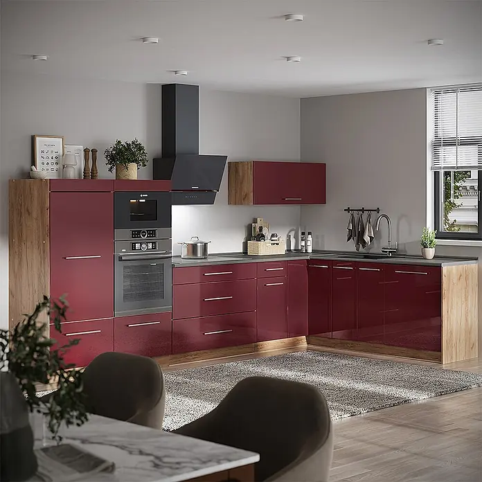 Vicco Eckküche - Bordeaux Hochglanz, Ohne Elektrogeräte - Moderne rote Küche mit integrierten Geräten, glänzenden Schränken und warmen Holzakzenten.