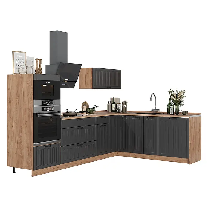 Vicco Eckküche - B x T: 287 x 60 cm, Dunkelgrau, Ohne Elektrogeräte - Moderne Küche mit dunkelgrauen Schrankfronten, Holzoptik-Arbeitsplatte und integrierten Geräten.