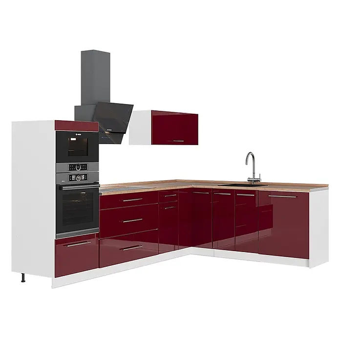 Vicco Eckküche - B x T: 287 x 60 cm, Bordeaux Hochglanz, Ohne Elektrogeräte - L-förmige Küche mit glänzenden burgunderroten Fronten, weißen Seiten und Holzarbeitsplatte, mit integriertem Backofen, Kochfeld, Spüle und Dunstabzugshaube.