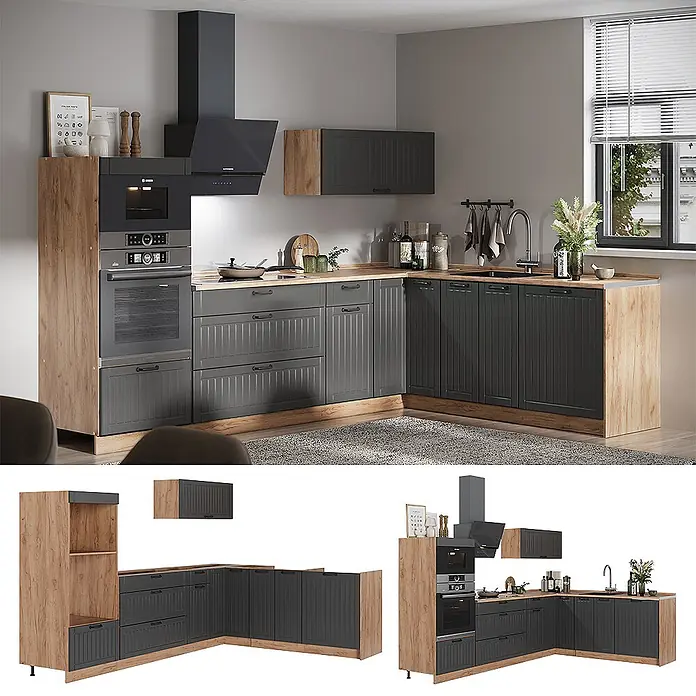 Vicco Eckküche - B x T: 287 x 60 cm, Dunkelgrau, Ohne Elektrogeräte - L-förmige Küche mit dunkelgrauen Rillenfronten und hellen Holzakzenten, mit eingebautem Backofen, Mikrowelle, Spüle und Dunstabzugshaube.
