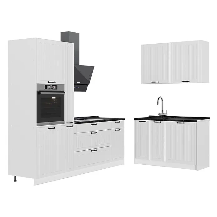 Vicco Eckküche - B x T: 220 x 60 cm, Weiß Landhaus, Ohne Elektrogeräte - Weiße Küchenzeile mit schwarzen Arbeitsplatten, bestehend aus einem Ofenschrank, Unterschränken, Hängeschränken, Spülenschrank und Dunstabzugshaube.