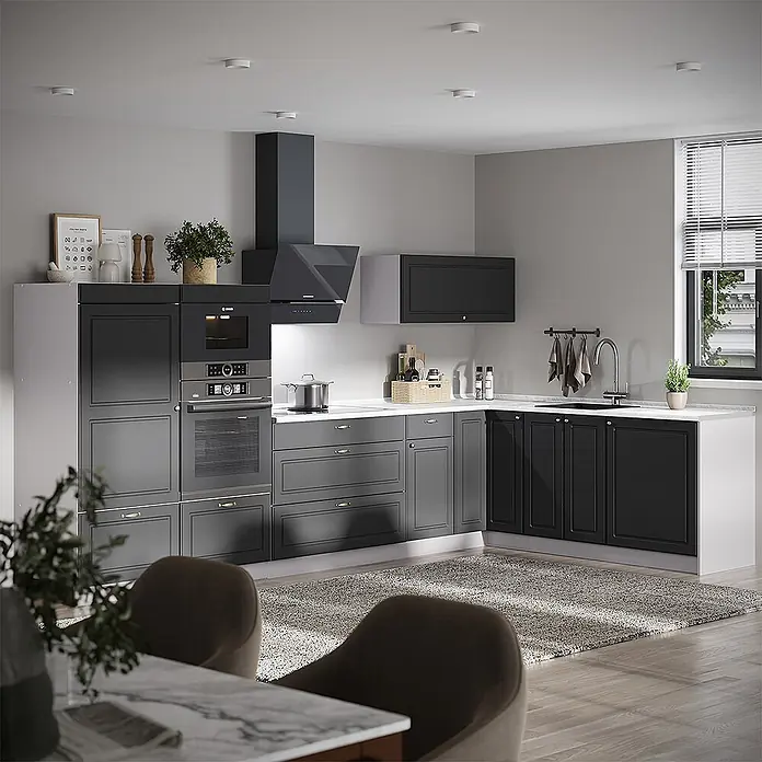 Vicco Eckküche - B x T: 347 x 51,6 cm, Anthrazit-Gold Landhaus, Ohne Elektrogeräte - Moderne dunkelgraue und schwarze Küche mit integrierten Geräten, hellen Arbeitsplatten und Essbereich. Bietet stilvolle Stauraum- und Kochlösungen.