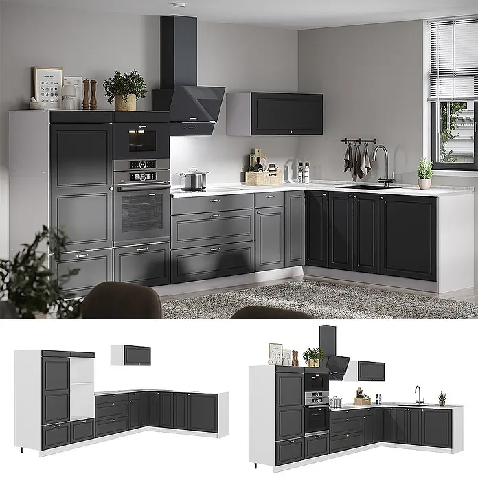 Vicco Eckküche - B x T: 347 x 51,6 cm, Anthrazit-Gold Landhaus, Ohne Elektrogeräte - Modernes L-förmiges Küchensystem mit dunkelgrauen Schränken, weißen Arbeitsplatten, integriertem Backofen, Mikrowelle und Dunstabzugshaube.