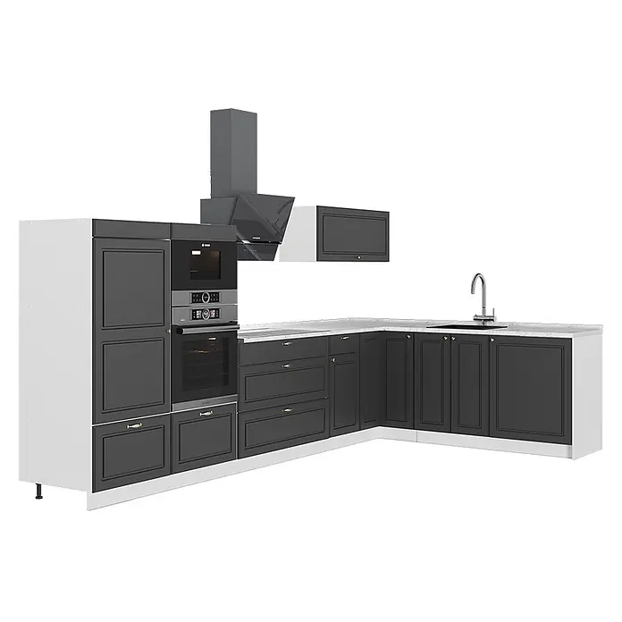 Vicco Eckküche - B x T: 347 x 51,6 cm, Anthrazit-Gold Landhaus, Ohne Elektrogeräte - Moderne L-förmige Küche mit dunkelgrauen Schränken, heller Arbeitsplatte, integriertem Backofen, Mikrowelle und Dunstabzugshaube.