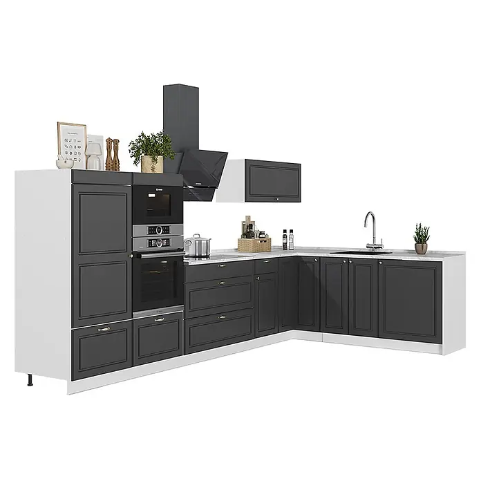 Vicco Eckküche - B x T: 347 x 51,6 cm, Anthrazit-Gold Landhaus, Ohne Elektrogeräte - Eckküche mit dunkelgrauen Schränken, weißer Marmoroptik-Arbeitsplatte, integrierten Öfen, Herd, Spüle und Dunstabzugshaube.